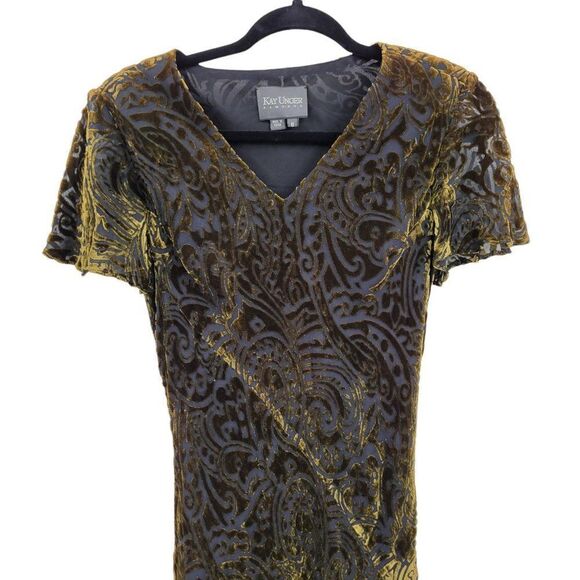 Vintage 80's Kay Unger Dress Formal Crushed Velvet Scroll Burnout Maxi Green 6 - Picture 5 of 10